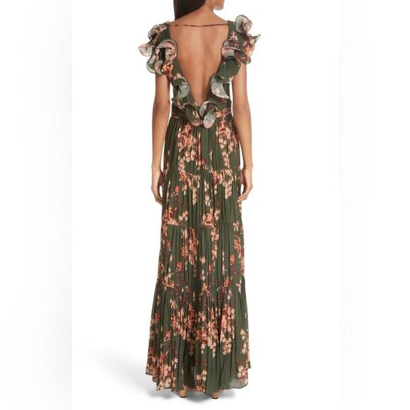 Johanna Ortiz Renaissance Forest Green Floral Print Ruffle Silk Maxi Gown 2 - Picture 2 of 15